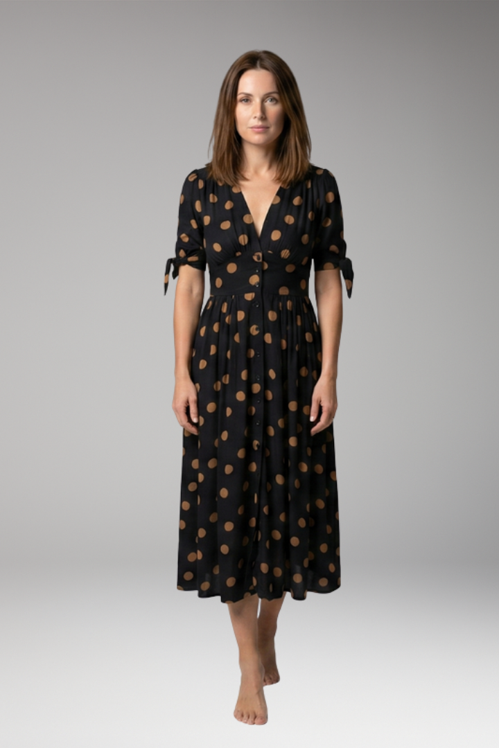 Women's Polka Dot Midi Dress with Buttons and Fitted Design