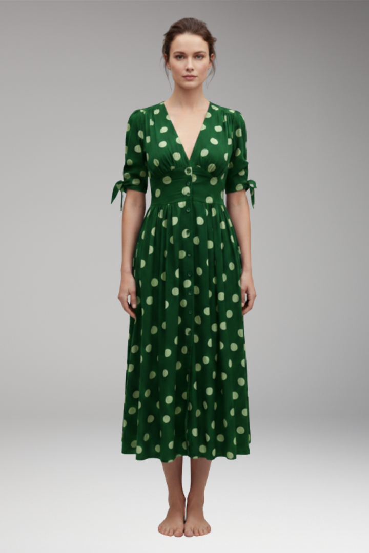 Women's Polka Dot Midi Dress with Buttons and Fitted Design