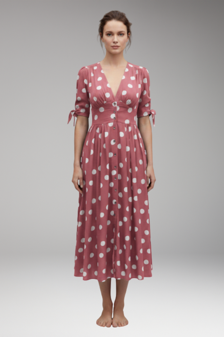 Women's Polka Dot Midi Dress with Buttons and Fitted Design