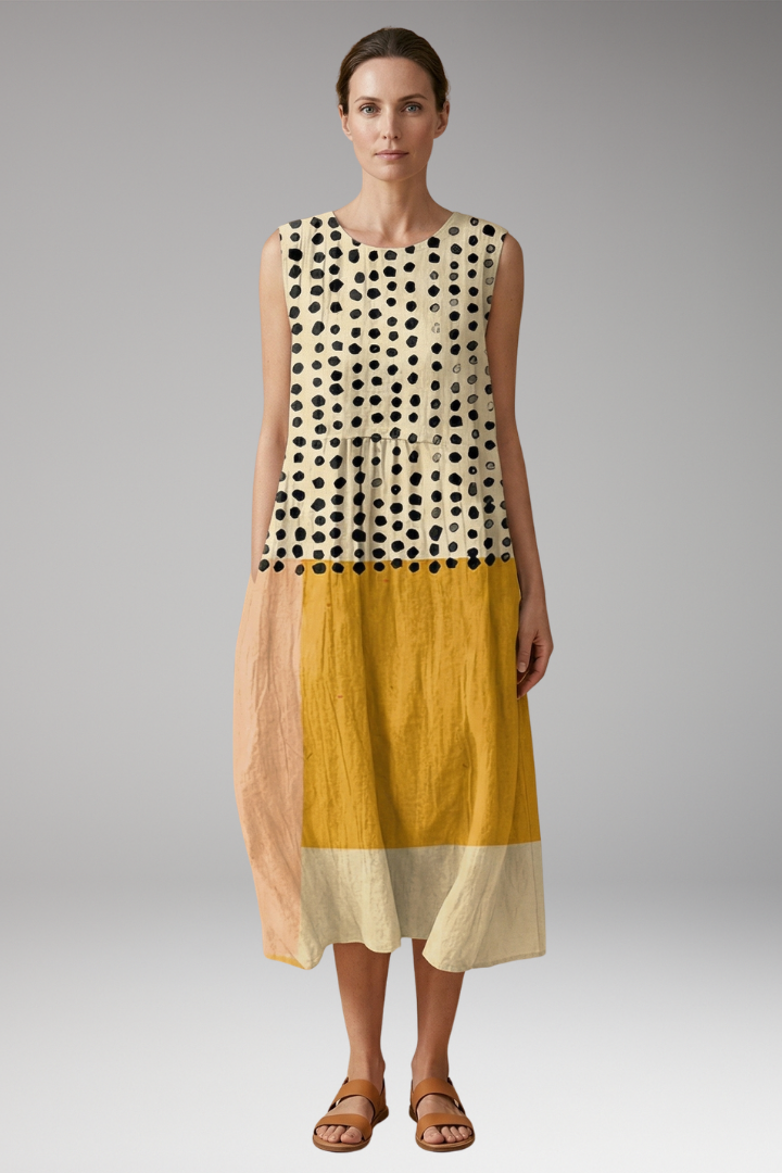 Women's Polka Dot Midi Dress with Colorblock Design and Relaxed Fit