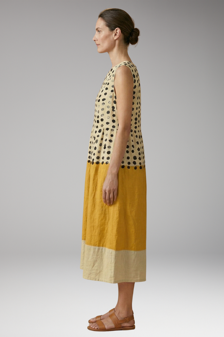 Women's Polka Dot Midi Dress with Colorblock Design and Relaxed Fit