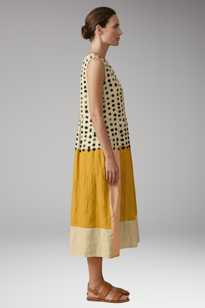 Women's Polka Dot Midi Dress with Colorblock Design and Relaxed Fit