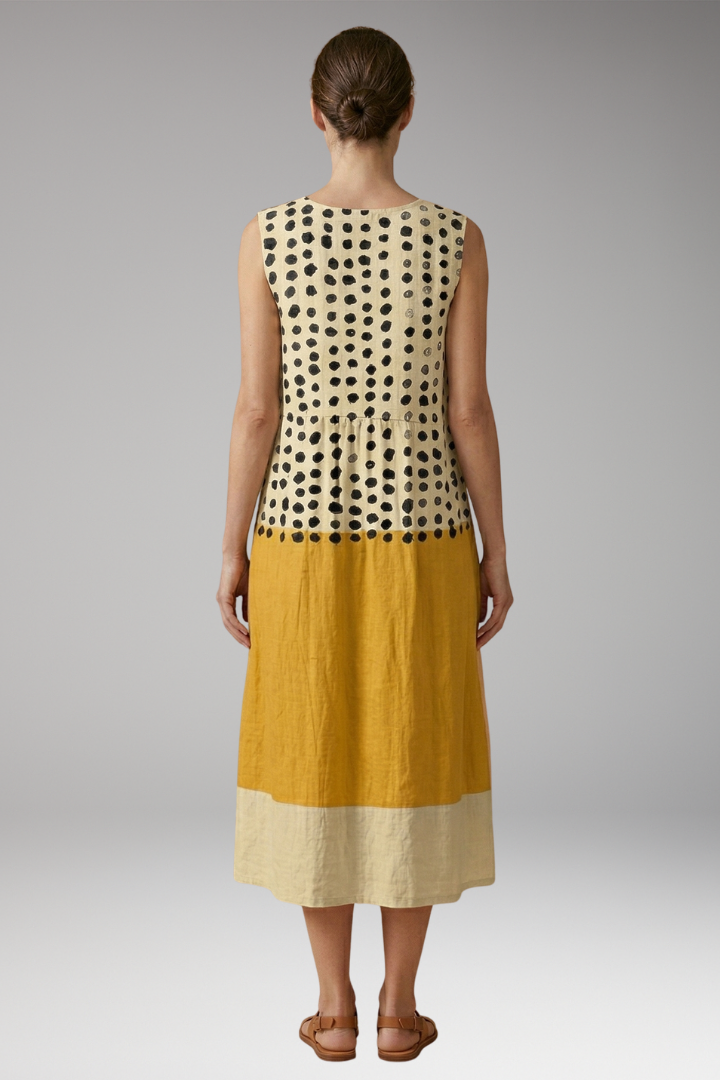 Women's Polka Dot Midi Dress with Colorblock Design and Relaxed Fit