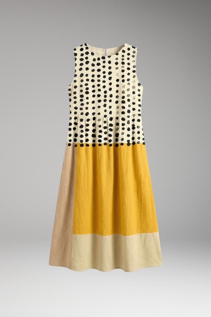 Women's Polka Dot Midi Dress with Colorblock Design and Relaxed Fit