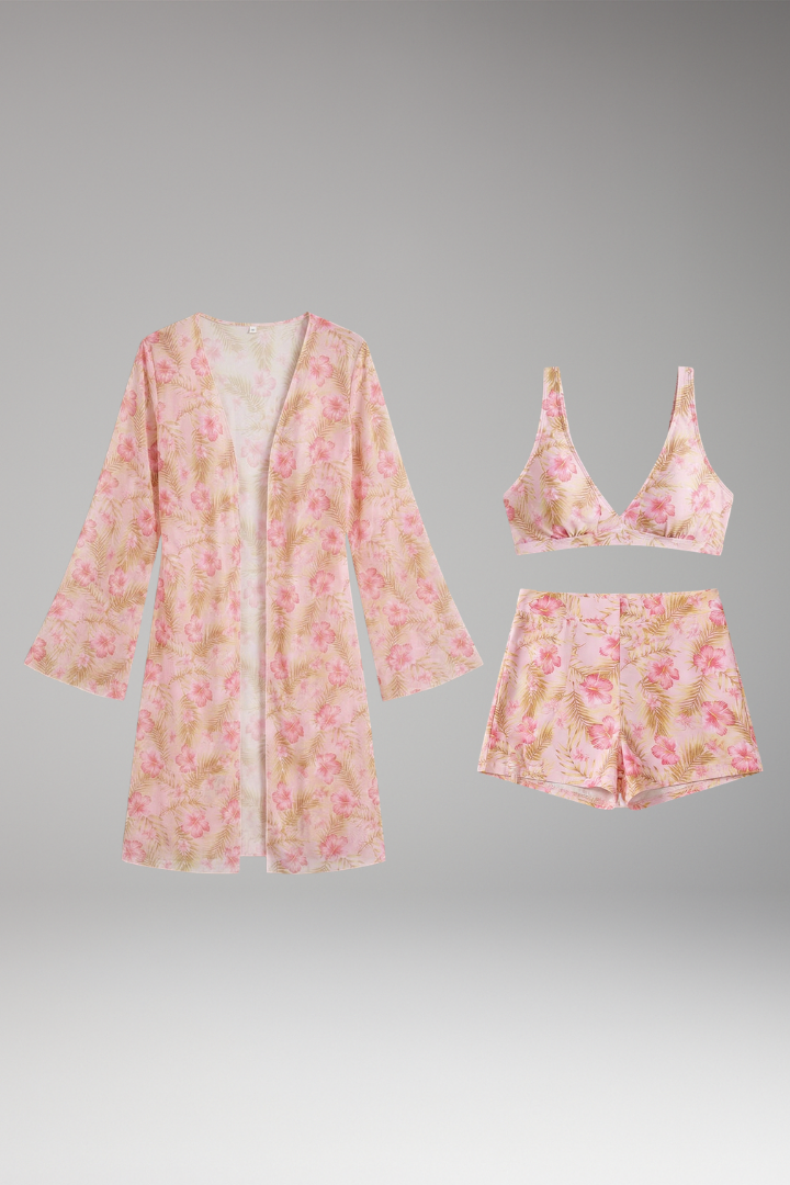 Women's Printed Three-Piece Bikini Set with Floral Kimono Cover-Up