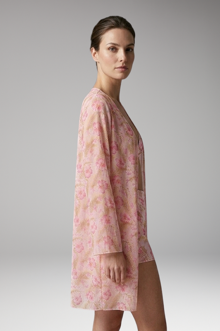 Women's Printed Three-Piece Bikini Set with Floral Kimono Cover-Up
