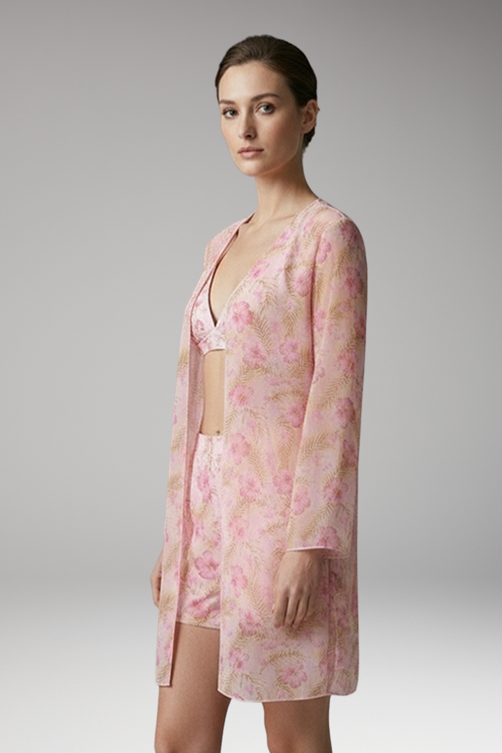 Women's Printed Three-Piece Bikini Set with Floral Kimono Cover-Up