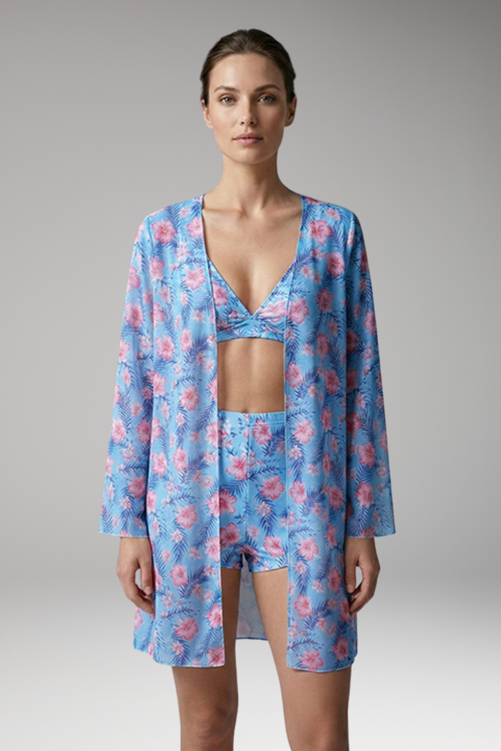 Women's Printed Three-Piece Bikini Set with Floral Kimono Cover-Up