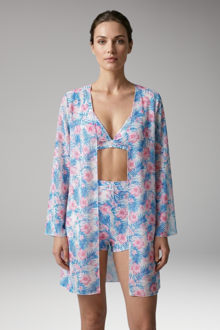 Women's Printed Three-Piece Bikini Set with Floral Kimono Cover-Up