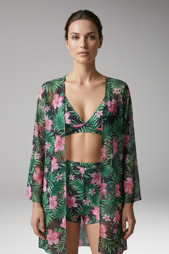 Women's Printed Three-Piece Bikini Set with Floral Kimono Cover-Up
