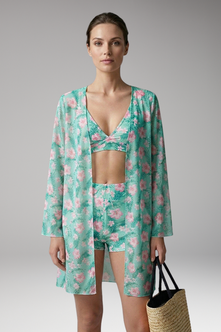 Women's Printed Three-Piece Bikini Set with Floral Kimono Cover-Up