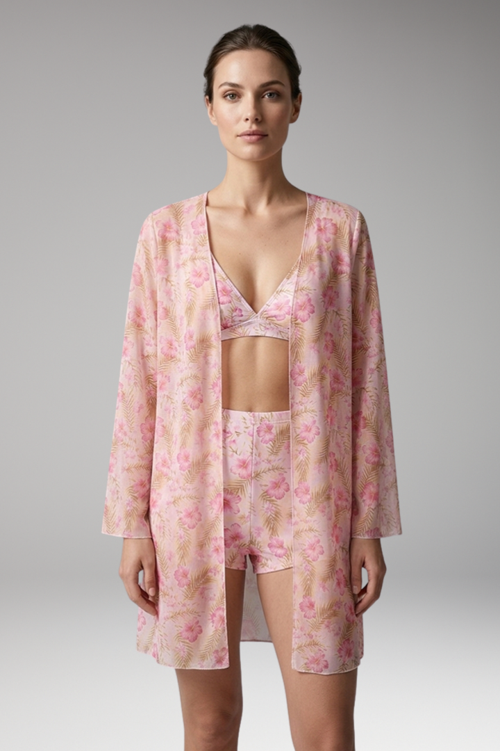 Women's Printed Three-Piece Bikini Set with Floral Kimono Cover-Up