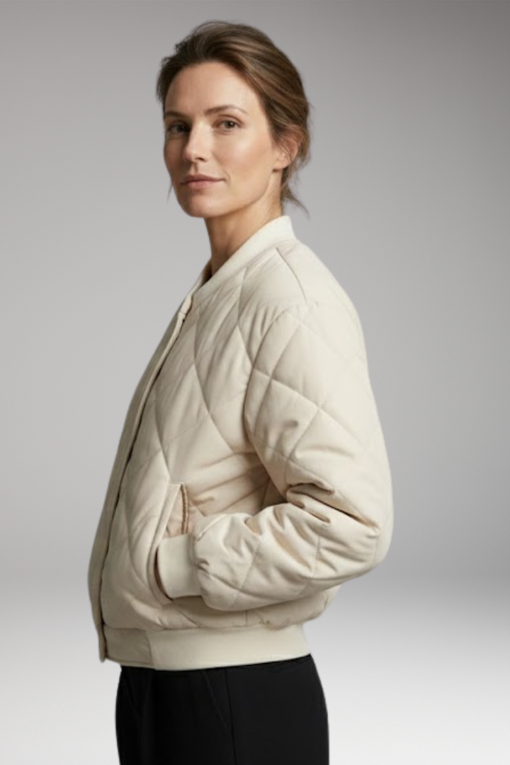 Women's Quilted Bomber Jacket with Elastic Waist and Practical Pockets