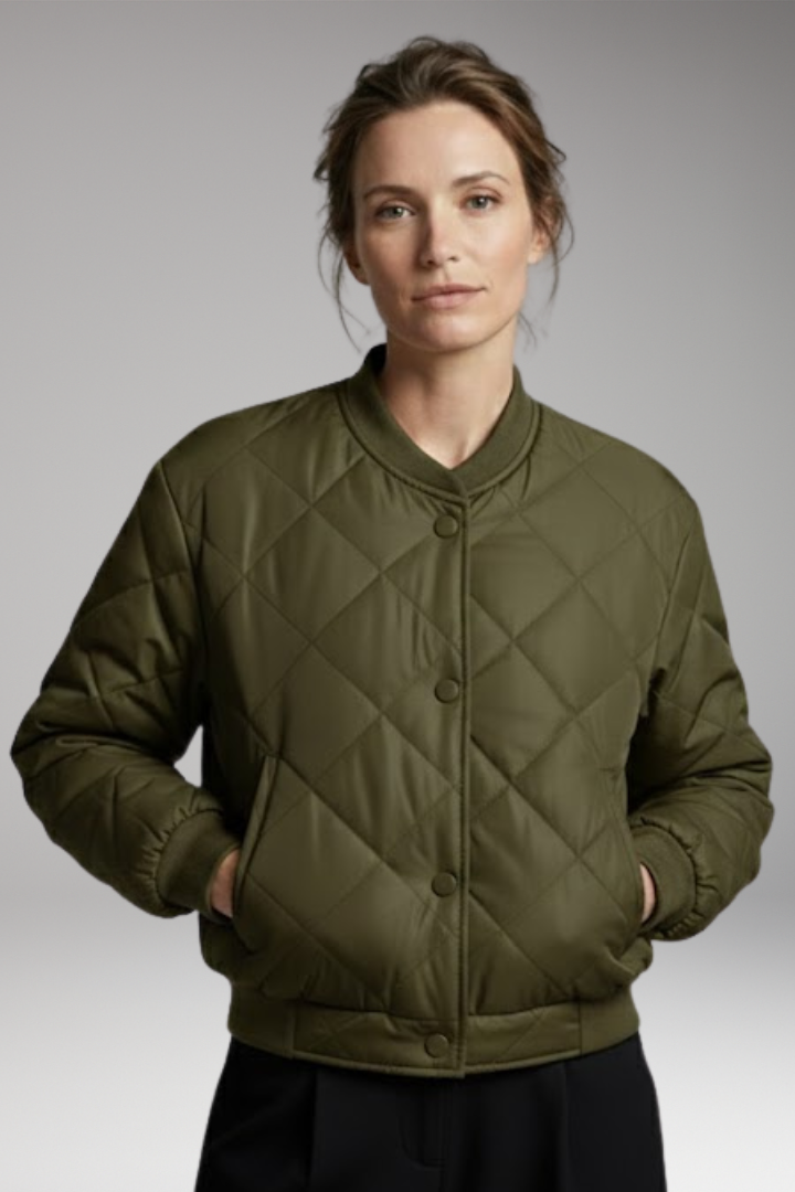 Women's Quilted Bomber Jacket with Elastic Waist and Practical Pockets