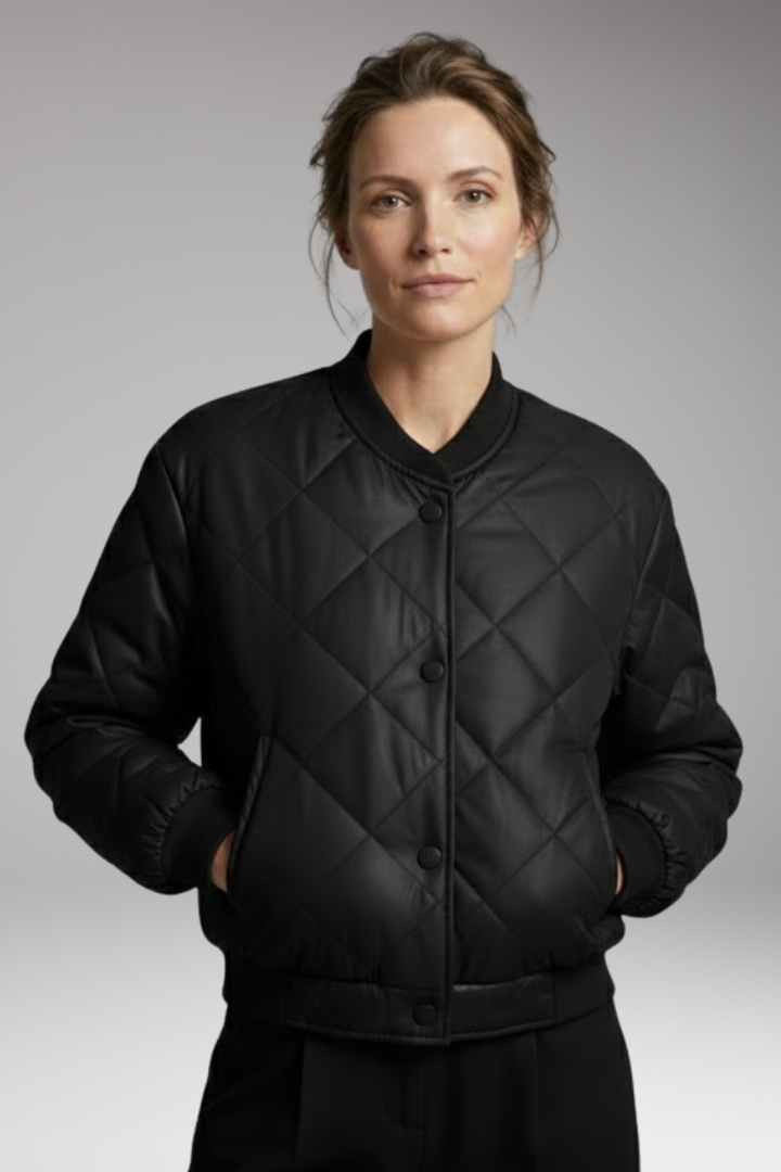 Women's Quilted Bomber Jacket with Elastic Waist and Practical Pockets