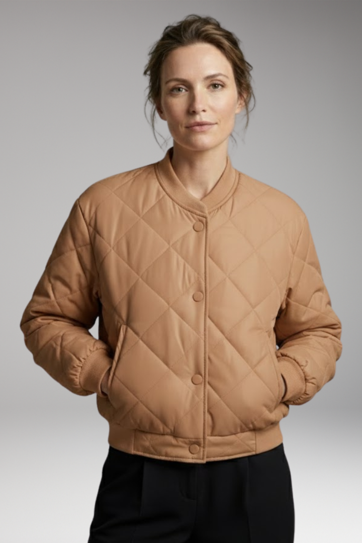 Women's Quilted Bomber Jacket with Elastic Waist and Practical Pockets