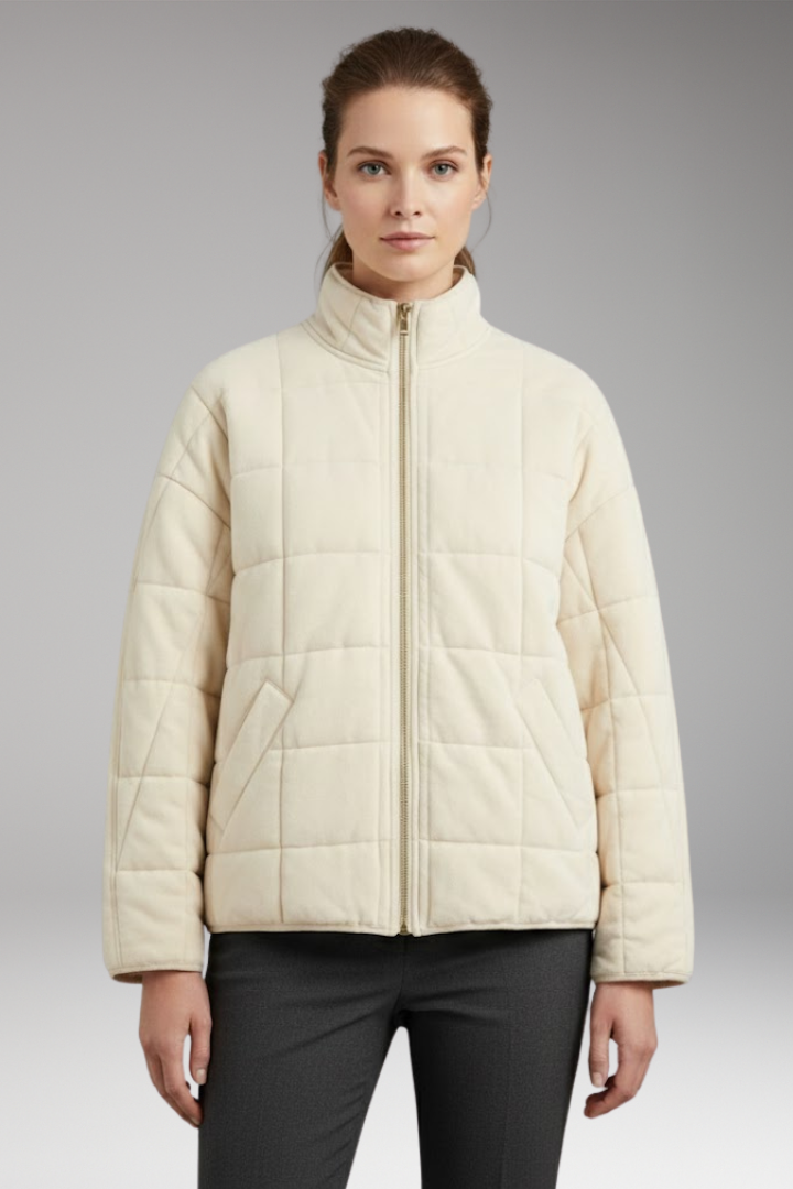 Women's Quilted Jacket with Stand-up Collar and Full-Length Zipper