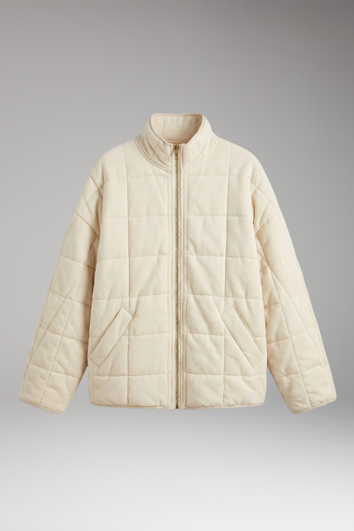 Women's Quilted Jacket with Stand-up Collar and Full-Length Zipper