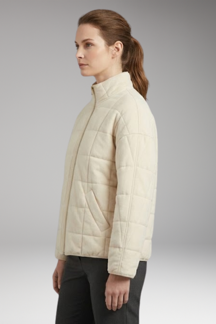 Women's Quilted Jacket with Stand-up Collar and Full-Length Zipper