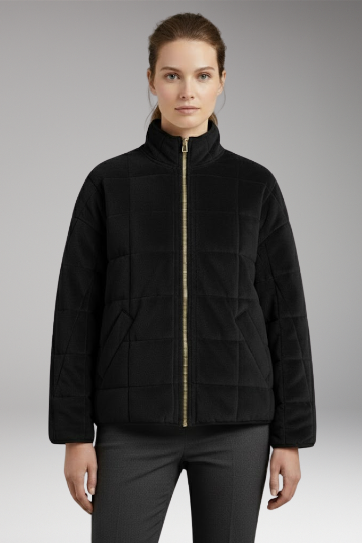 Women's Quilted Jacket with Stand-up Collar and Full-Length Zipper