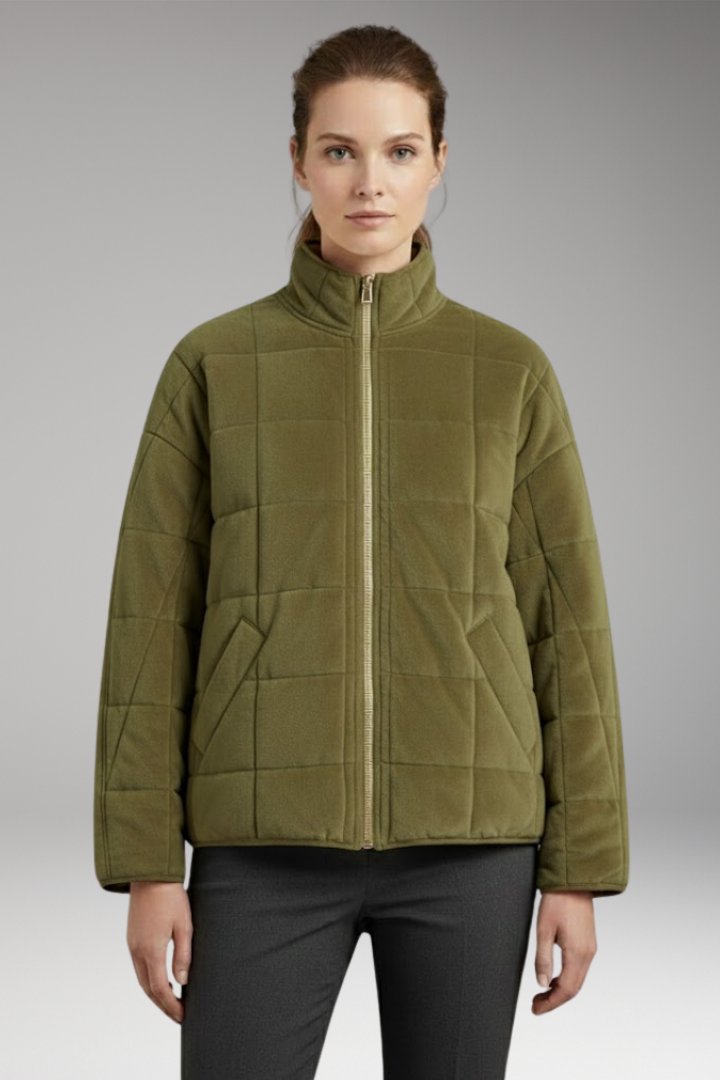 Women's Quilted Jacket with Stand-up Collar and Full-Length Zipper