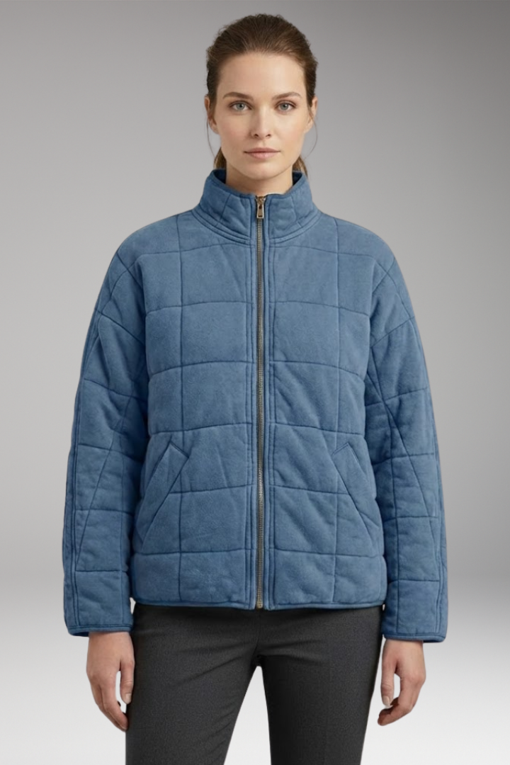 Women's Quilted Jacket with Stand-up Collar and Full-Length Zipper