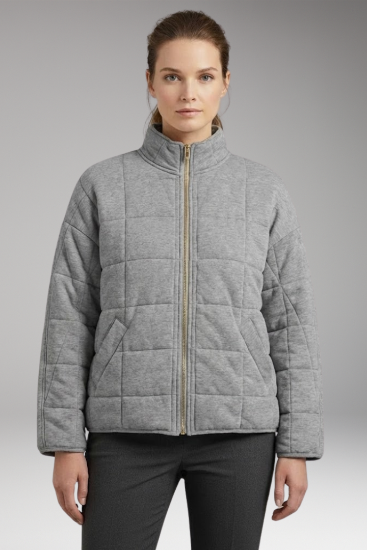 Women's Quilted Jacket with Stand-up Collar and Full-Length Zipper