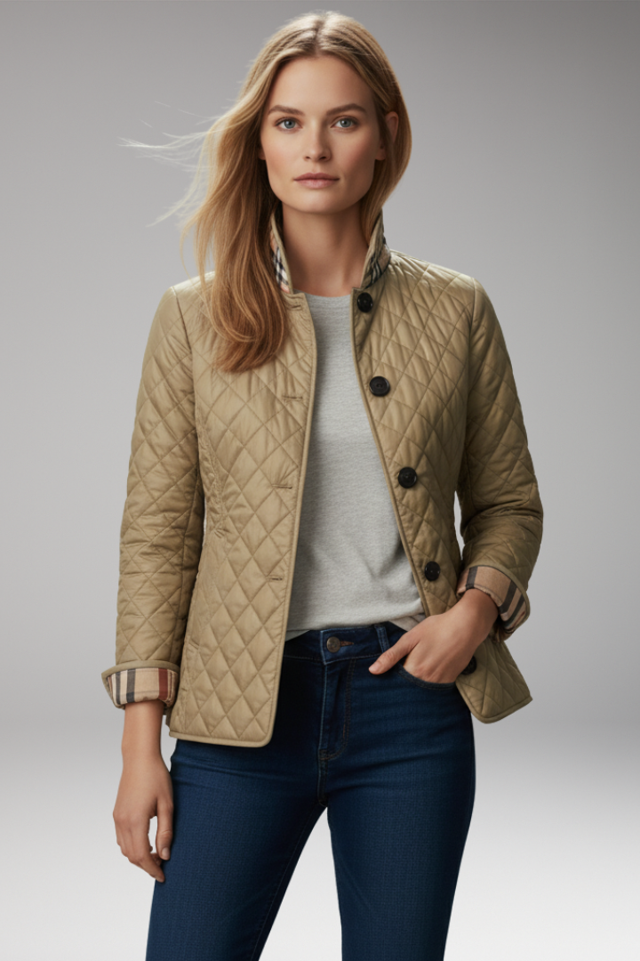 Women’s Quilted Jacket with Stand Collar and Button Closure