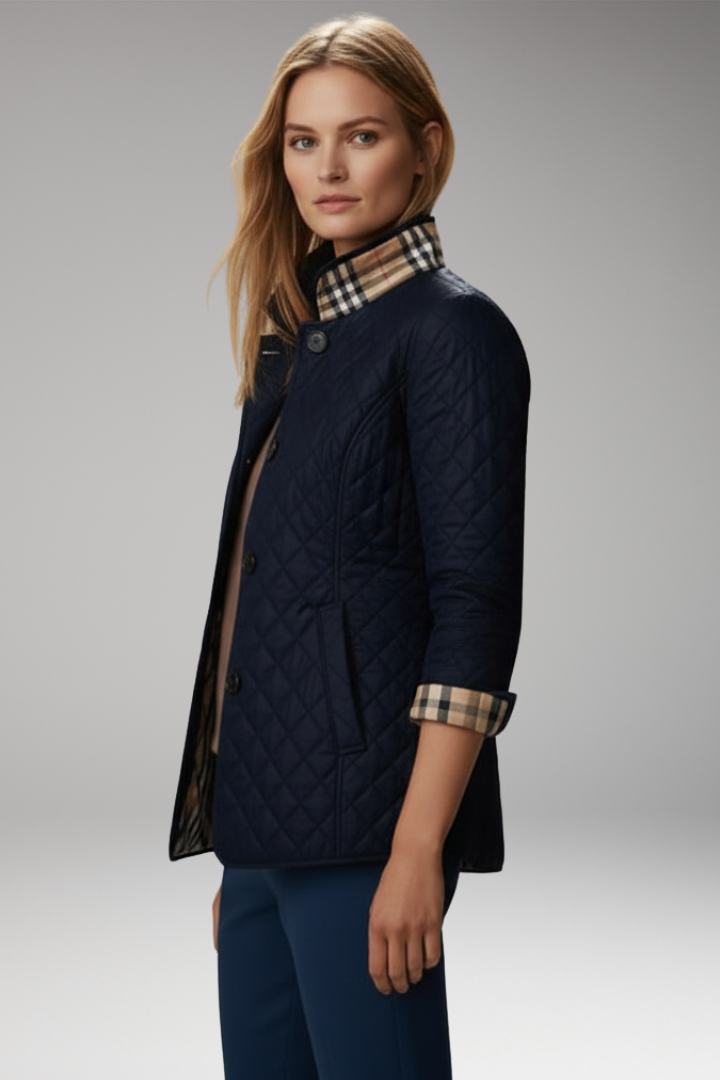 Women’s Quilted Jacket with Stand Collar and Button Closure