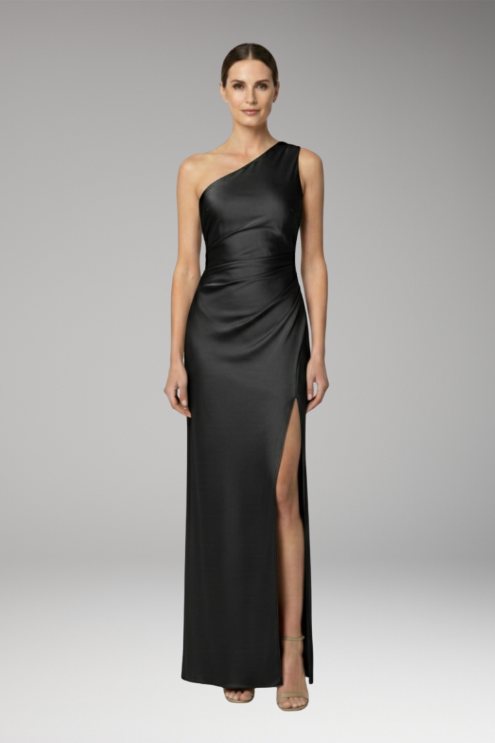 Women's Satin Bridesmaid Dress with One Shoulder and Side Slit