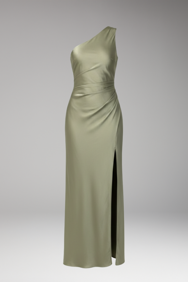 Women's Satin Bridesmaid Dress with One Shoulder and Side Slit