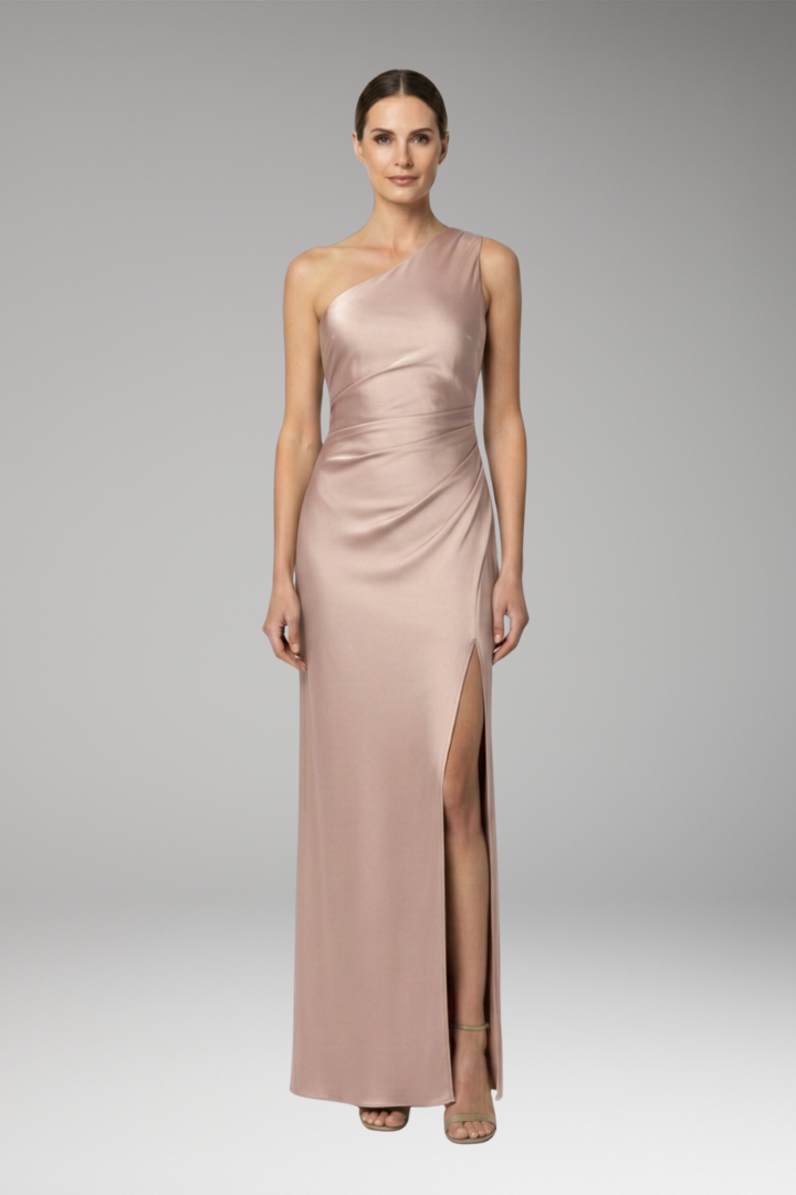 Women's Satin Bridesmaid Dress with One Shoulder and Side Slit
