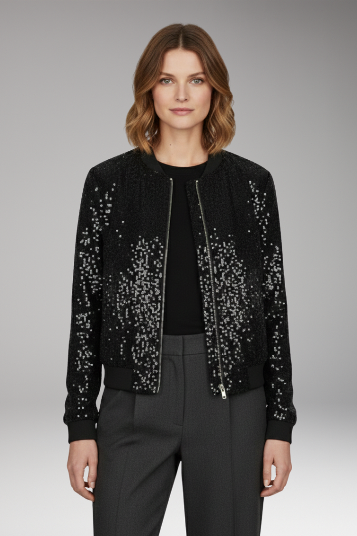 Women's Sequin Textured Jacket with Zipper and Ribbed Hem