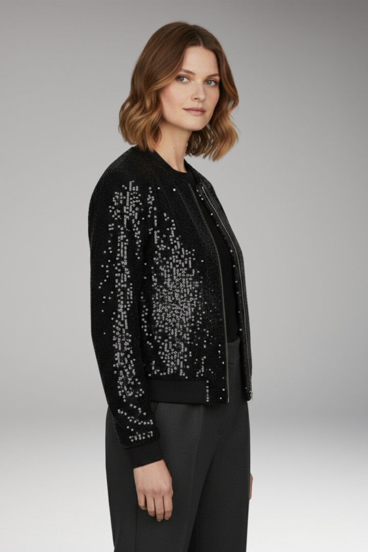 Women's Sequin Textured Jacket with Zipper and Ribbed Hem