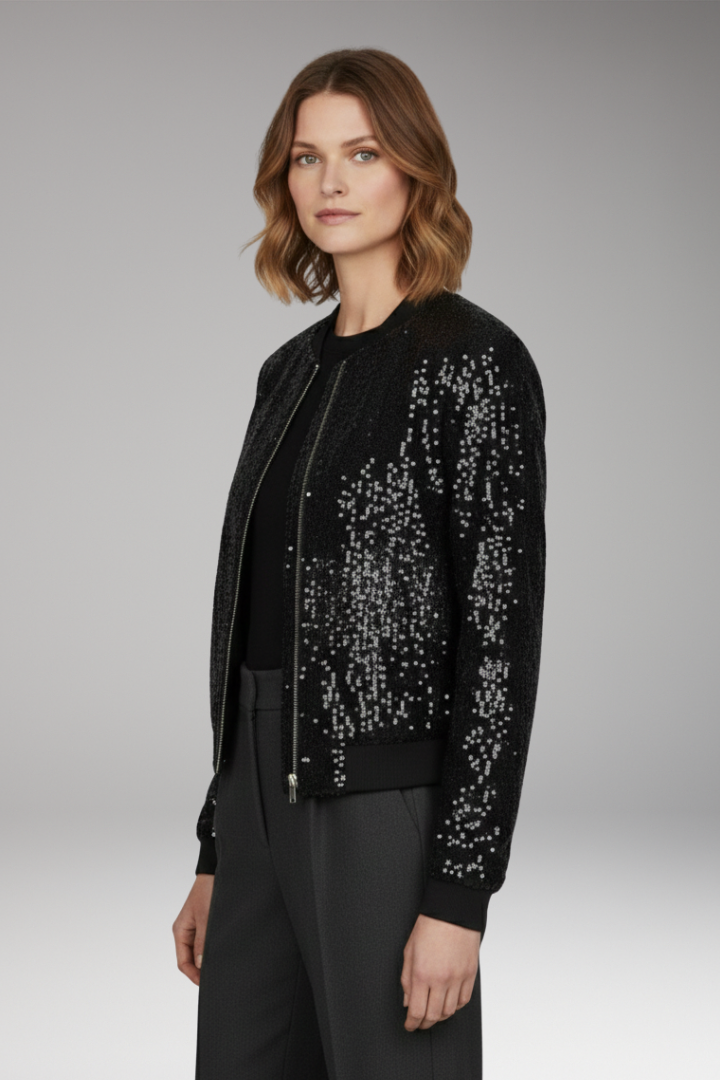 Women's Sequin Textured Jacket with Zipper and Ribbed Hem
