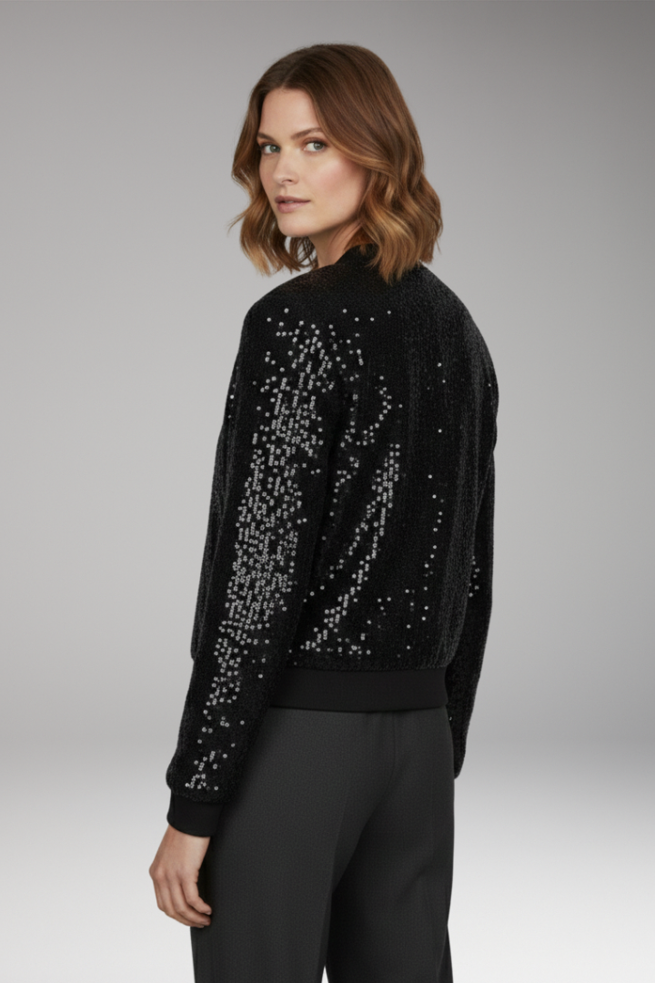 Women's Sequin Textured Jacket with Zipper and Ribbed Hem