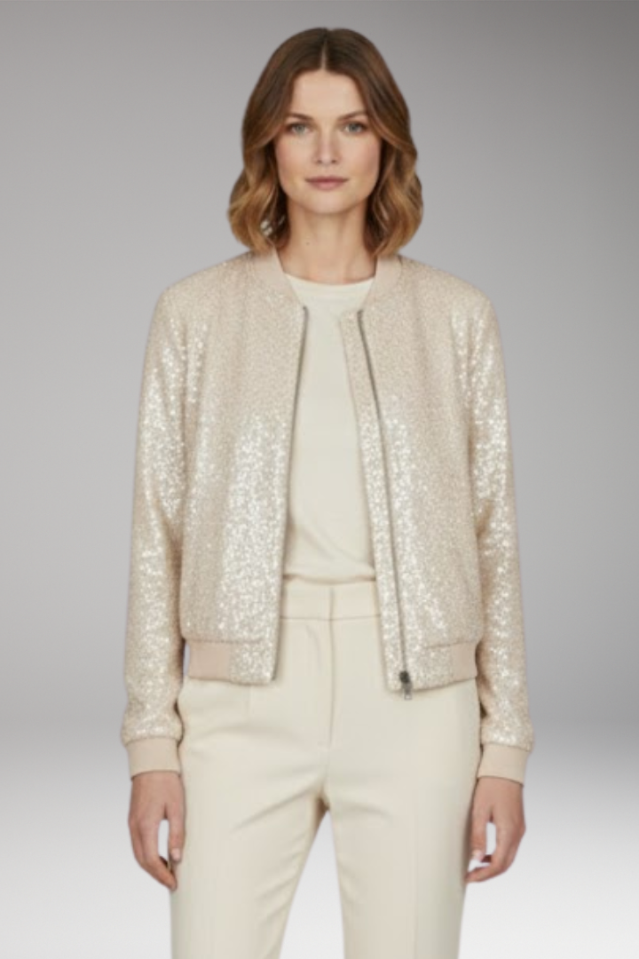 Women's Sequin Textured Jacket with Zipper and Ribbed Hem