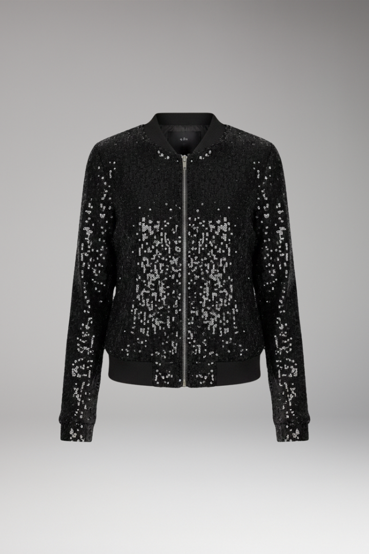 Women's Sequin Textured Jacket with Zipper and Ribbed Hem