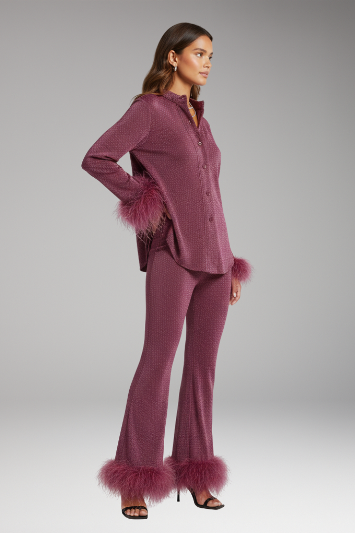 Women’s Set with Button Front and Feather Trim