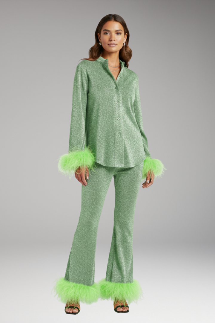 Women’s Set with Button Front and Feather Trim