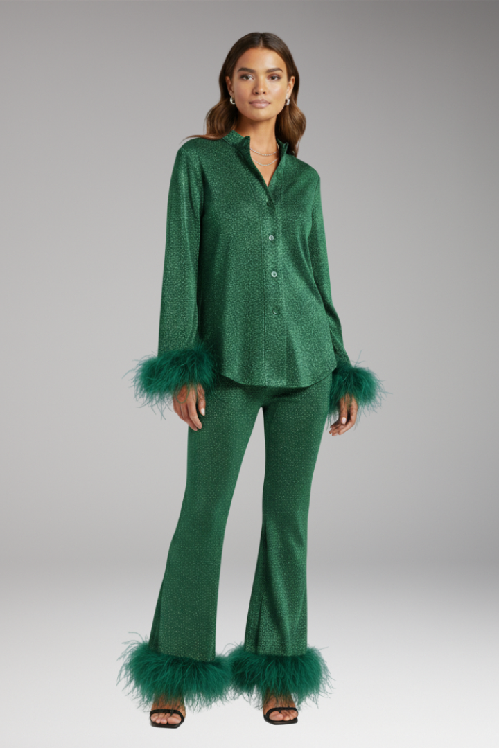 Women’s Set with Button Front and Feather Trim