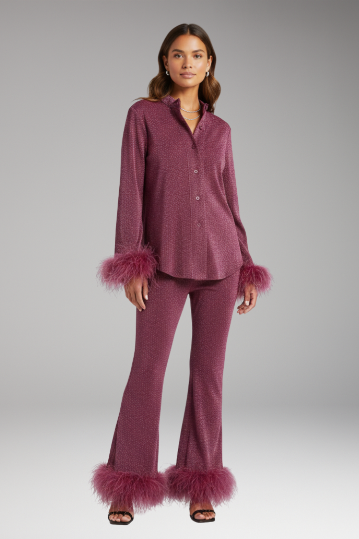 Women’s Set with Button Front and Feather Trim