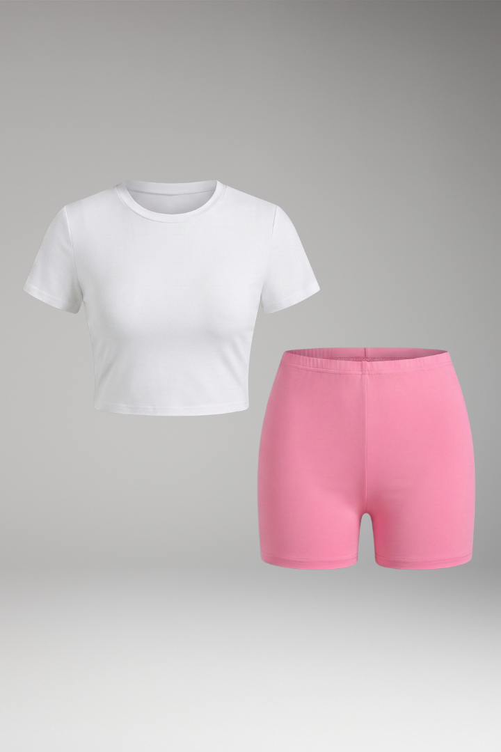 Women's Set with Cropped T-Shirt and Elastic Waist Shorts