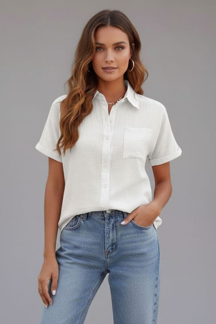 Women's Blouse with Button Closure and Chest Pocket
