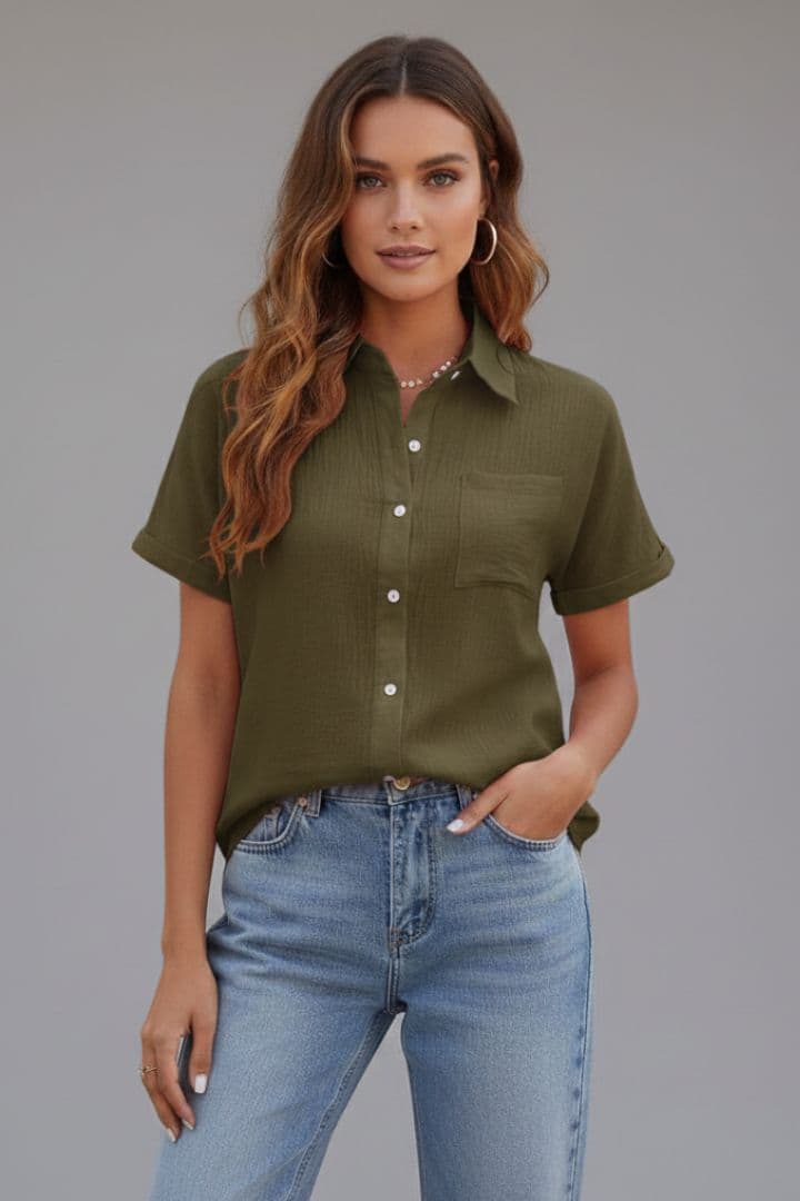 Women's Blouse with Button Closure and Chest Pocket