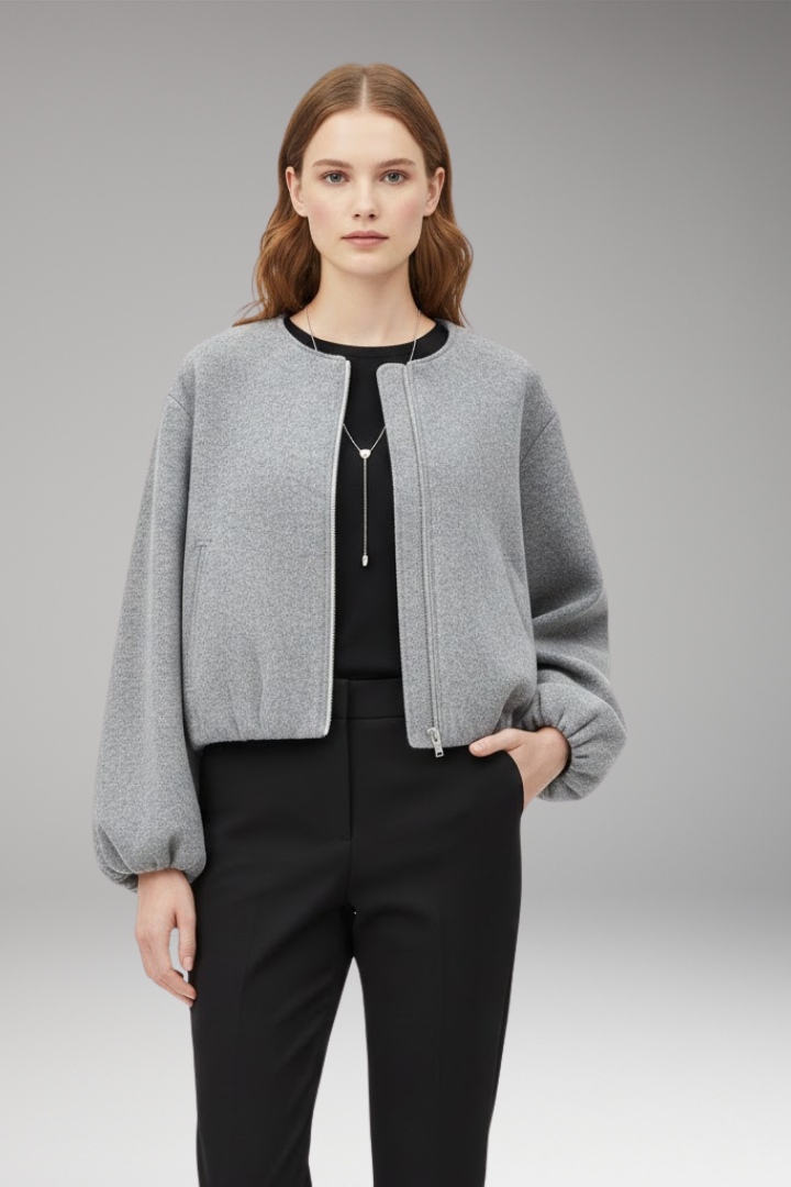Women's Short Bomber Jacket with Front Zipper and Long Sleeves