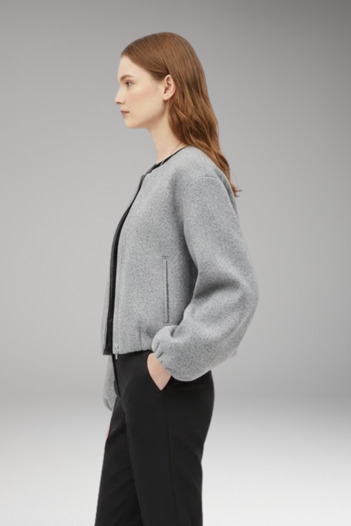 Women's Short Bomber Jacket with Front Zipper and Long Sleeves