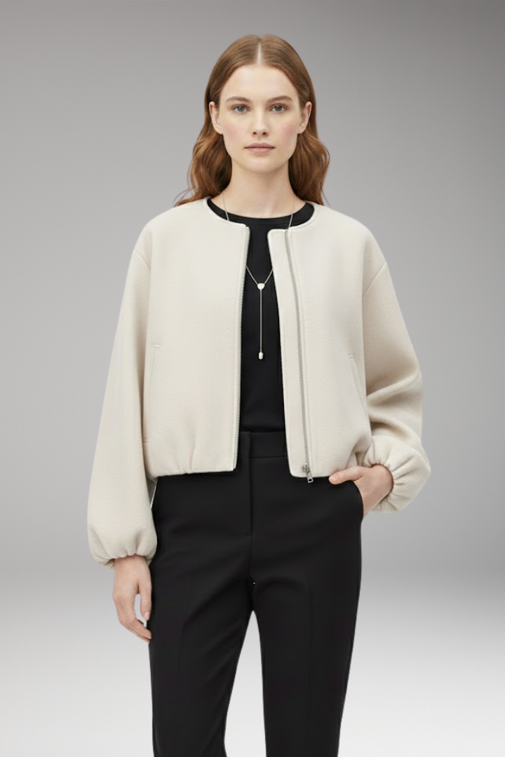Women's Short Bomber Jacket with Front Zipper and Long Sleeves