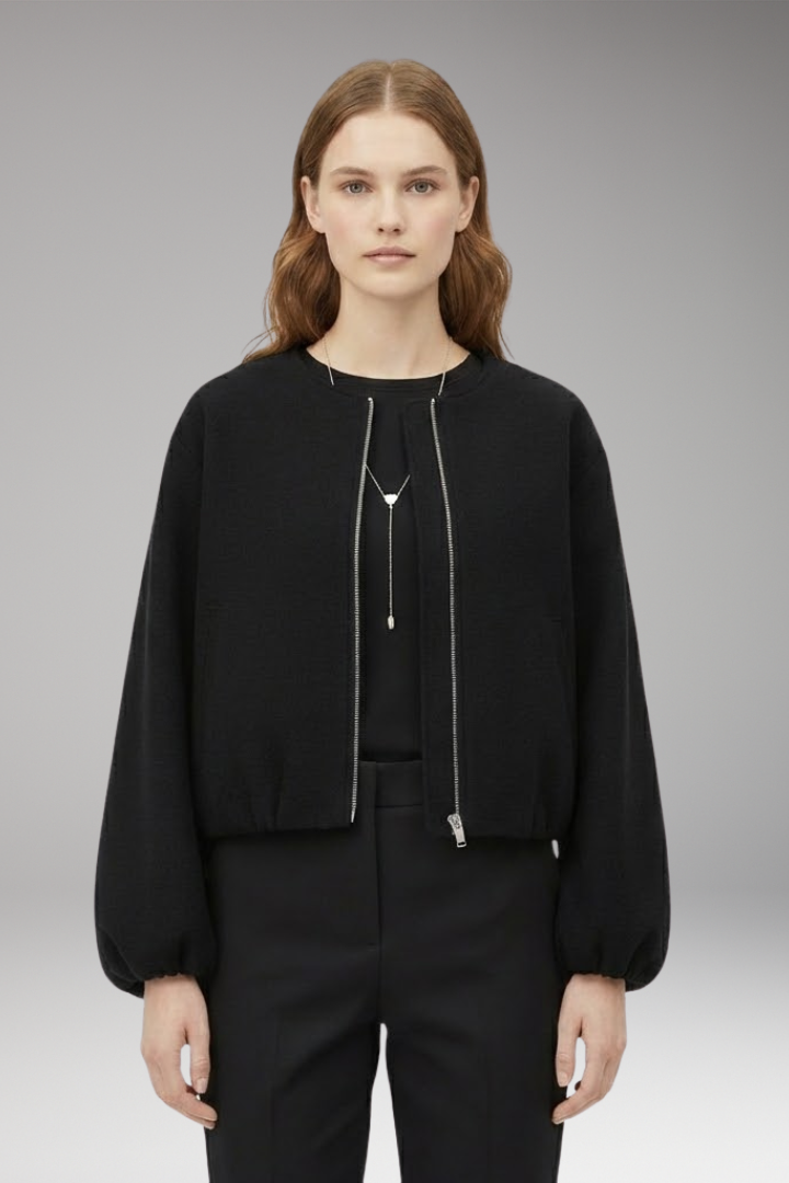 Women's Short Bomber Jacket with Front Zipper and Long Sleeves