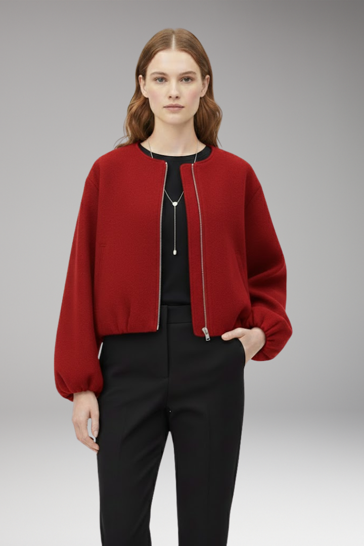 Women's Short Bomber Jacket with Front Zipper and Long Sleeves